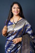 Jyoti Fashion Women's Navy Blue Handloom Banarasi Silk Zari Woven Saree with Blouse - Distacart