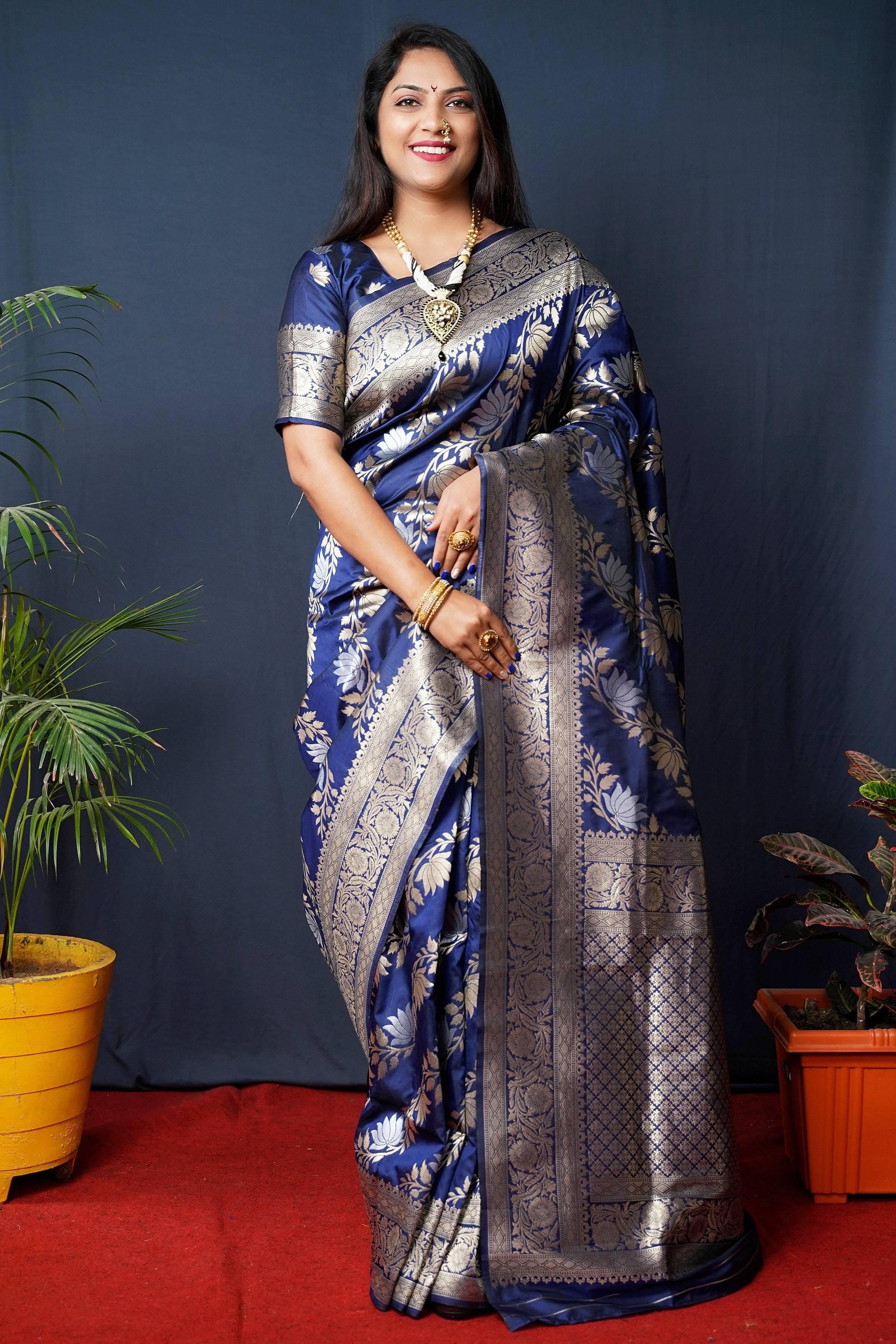 Jyoti Fashion Women's Navy Blue Handloom Banarasi Silk Zari Woven Saree with Blouse - Distacart