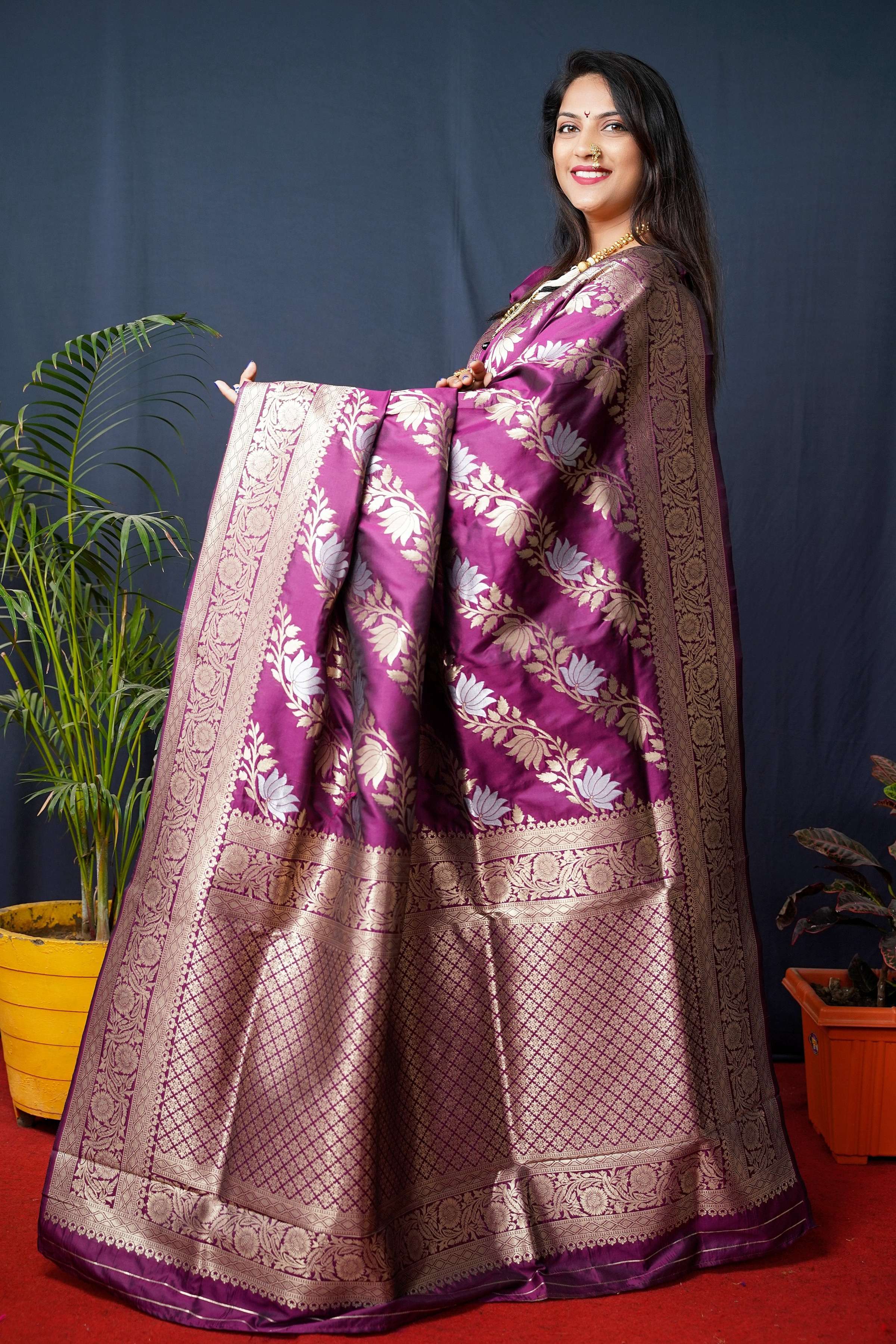 Jyoti Fashion Women's Wine Handloom Banarasi Silk Zari Woven Saree with Blouse - Distacart