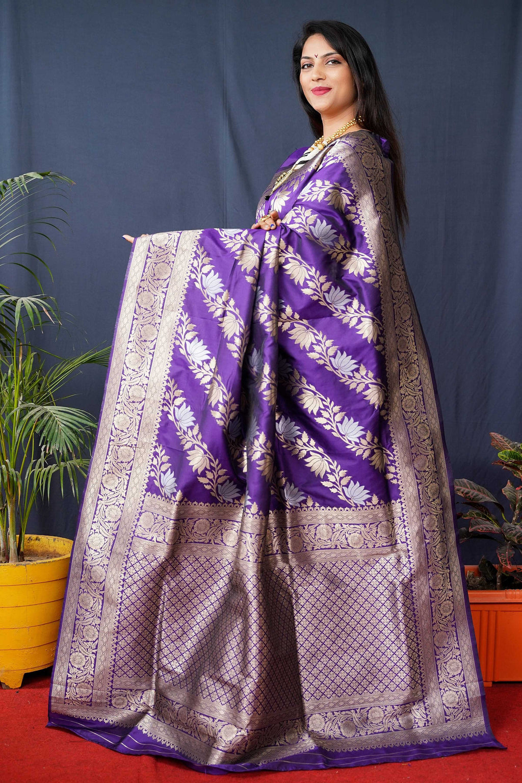 Jyoti Fashion Women's Purple Handloom Banarasi Silk Zari Woven Saree with Blouse - Distacart