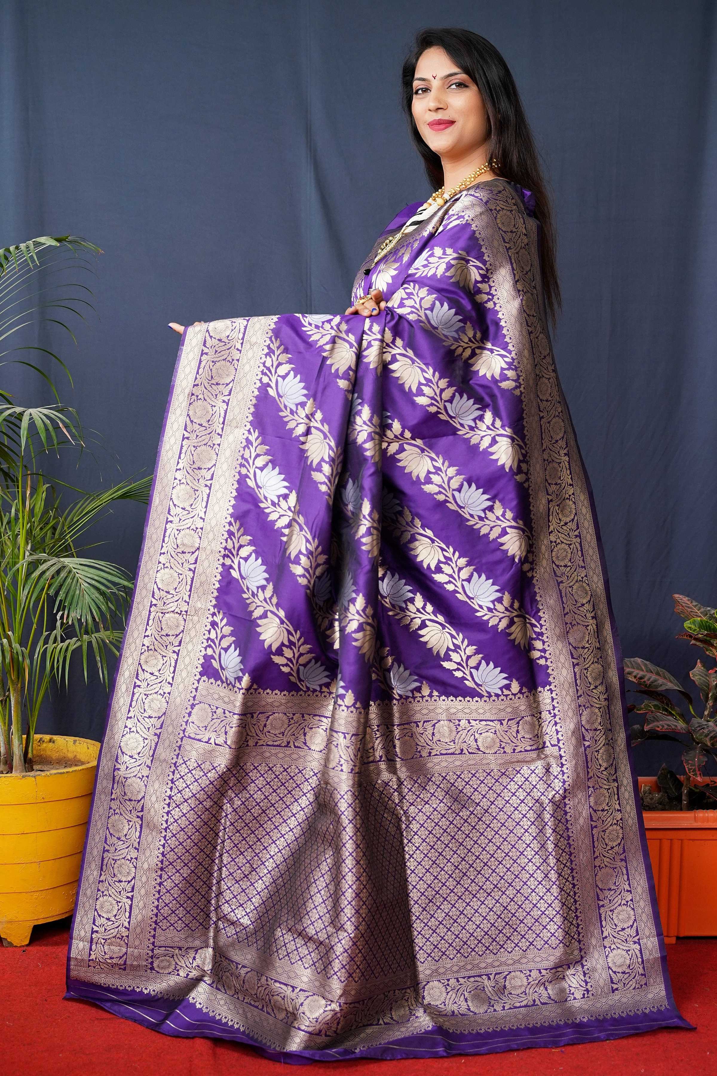 Jyoti Fashion Women's Purple Handloom Banarasi Silk Zari Woven Saree with Blouse - Distacart