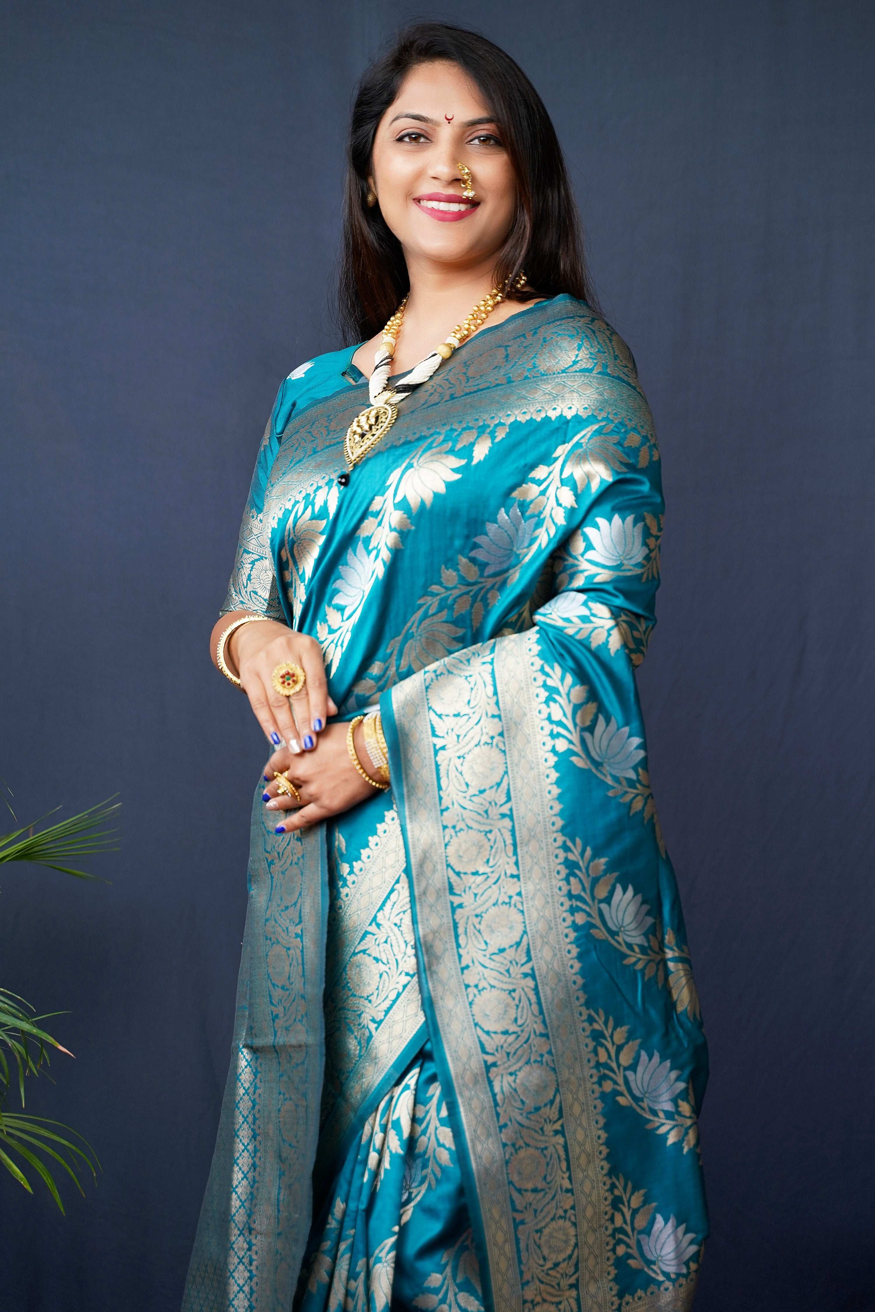 Jyoti Fashion Women's Teal Handloom Banarasi Silk Zari Woven Saree with Blouse - Distacart