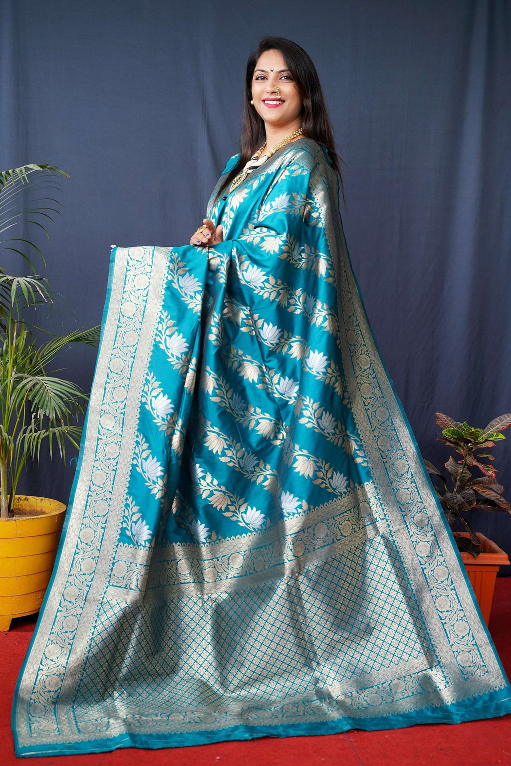 Jyoti Fashion Women's Teal Handloom Banarasi Silk Zari Woven Saree with Blouse - Distacart