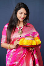 Jyoti Fashion Women's Pink Handloom Banarasi Silk Zari Woven Saree with Blouse - Distacart
