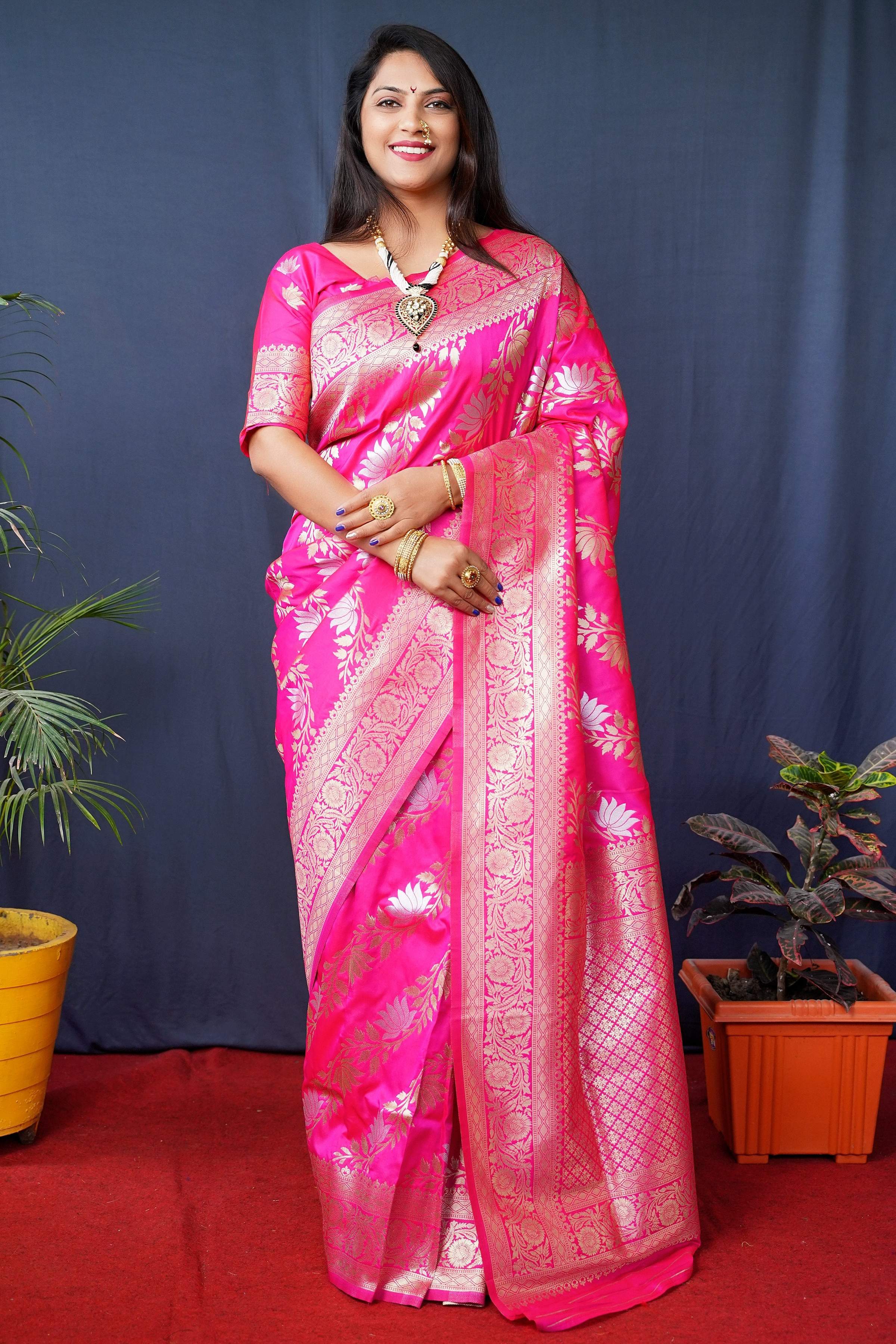 Jyoti Fashion Women's Pink Handloom Banarasi Silk Zari Woven Saree with Blouse - Distacart