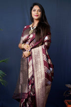 Jyoti Fashion Women's Maroon Handloom Banarasi Silk Zari Woven Saree with Blouse - Distacart