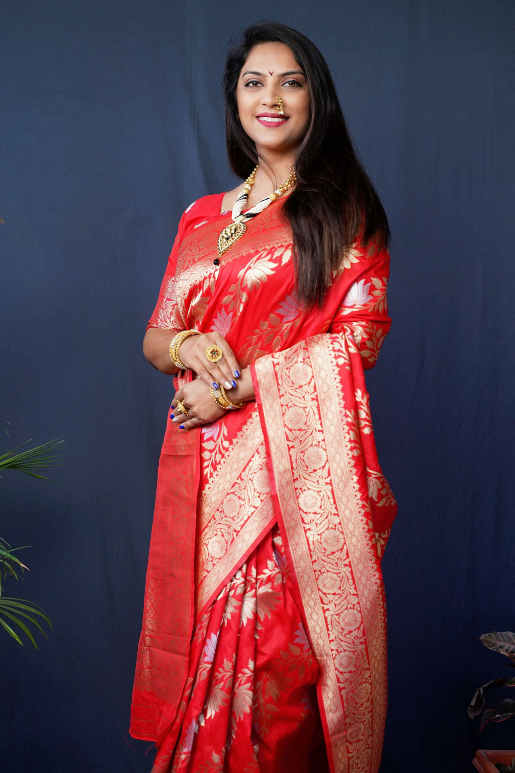 Jyoti Fashion Women's Red Handloom Banarasi Silk Zari Woven Saree with Blouse - Distacart