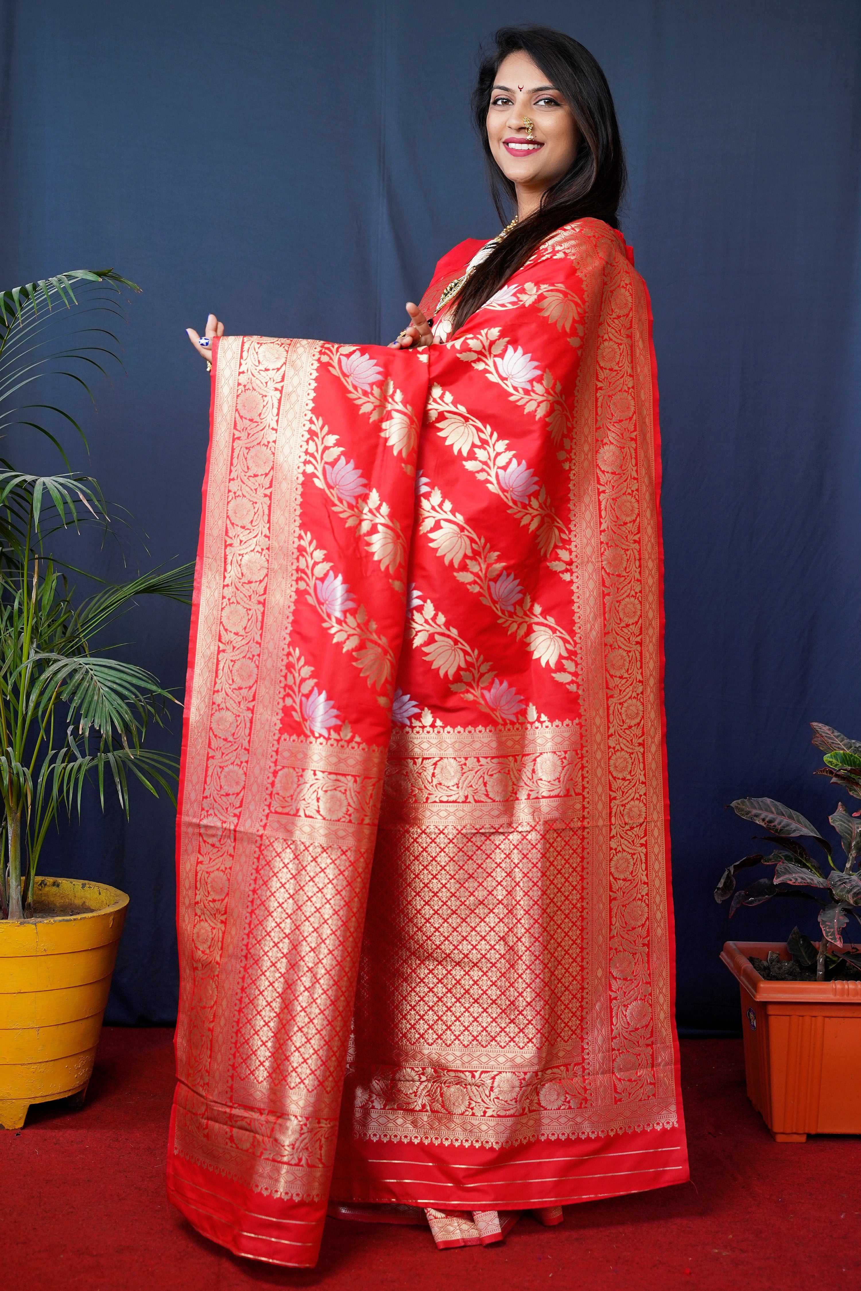 Jyoti Fashion Women's Red Handloom Banarasi Silk Zari Woven Saree with Blouse - Distacart