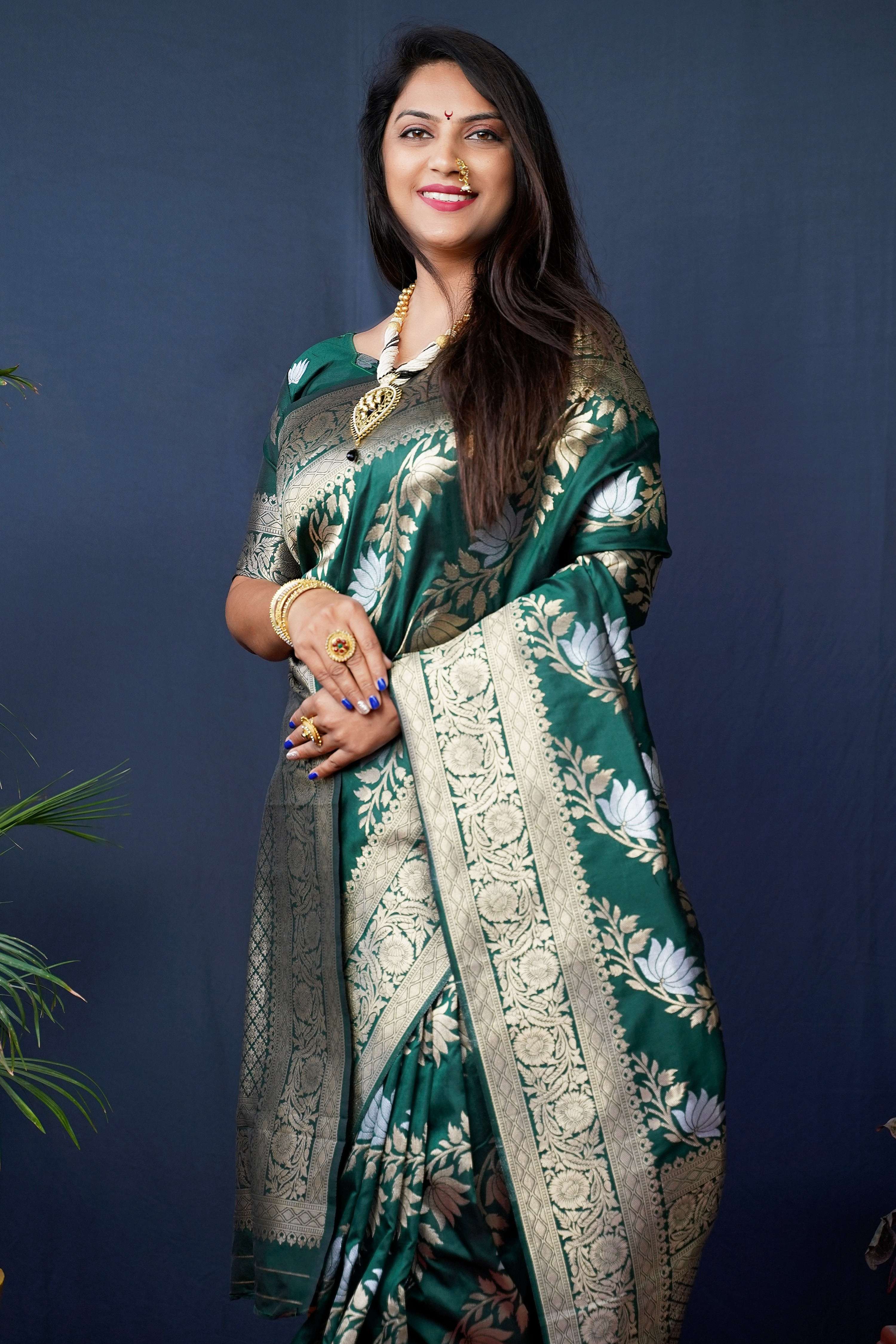 Jyoti Fashion Women's Green Handloom Banarasi Silk Zari Woven Saree with Blouse - Distacart
