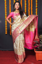 Jyoti Fashion Women's Off White Kanchipuram Silk Zari Woven Saree with Blouse