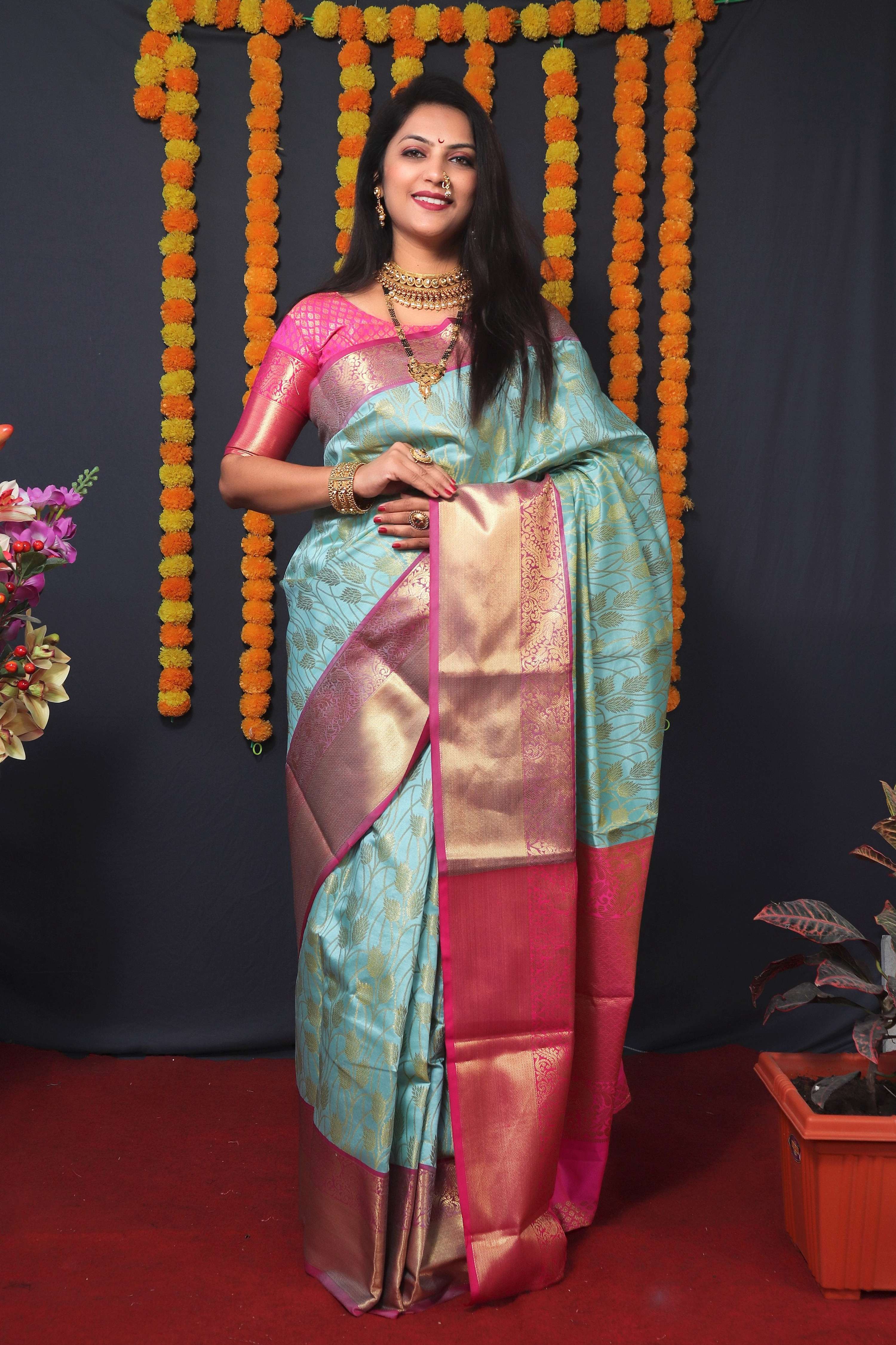 Jyoti Fashion Women's Sky Blue Kanchipuram Silk Zari Woven Saree with Blouse