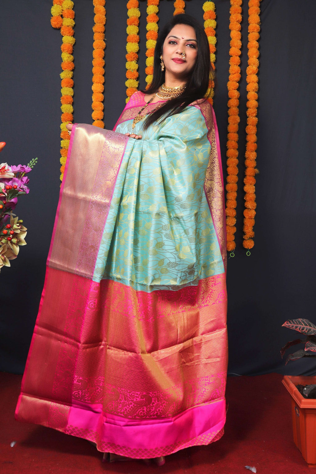 Jyoti Fashion Women's Sky Blue Kanchipuram Silk Zari Woven Saree with Blouse