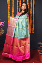 Jyoti Fashion Women's Sky Blue Kanchipuram Silk Zari Woven Saree with Blouse