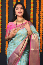 Jyoti Fashion Women's Sky Blue Kanchipuram Silk Zari Woven Saree with Blouse
