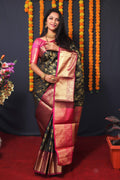 Jyoti Fashion Women's Black Kanchipuram Silk Zari Woven Saree with Blouse