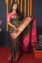 Jyoti Fashion Women's Black Kanchipuram Silk Zari Woven Saree with Blouse