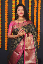 Jyoti Fashion Women's Black Kanchipuram Silk Zari Woven Saree with Blouse