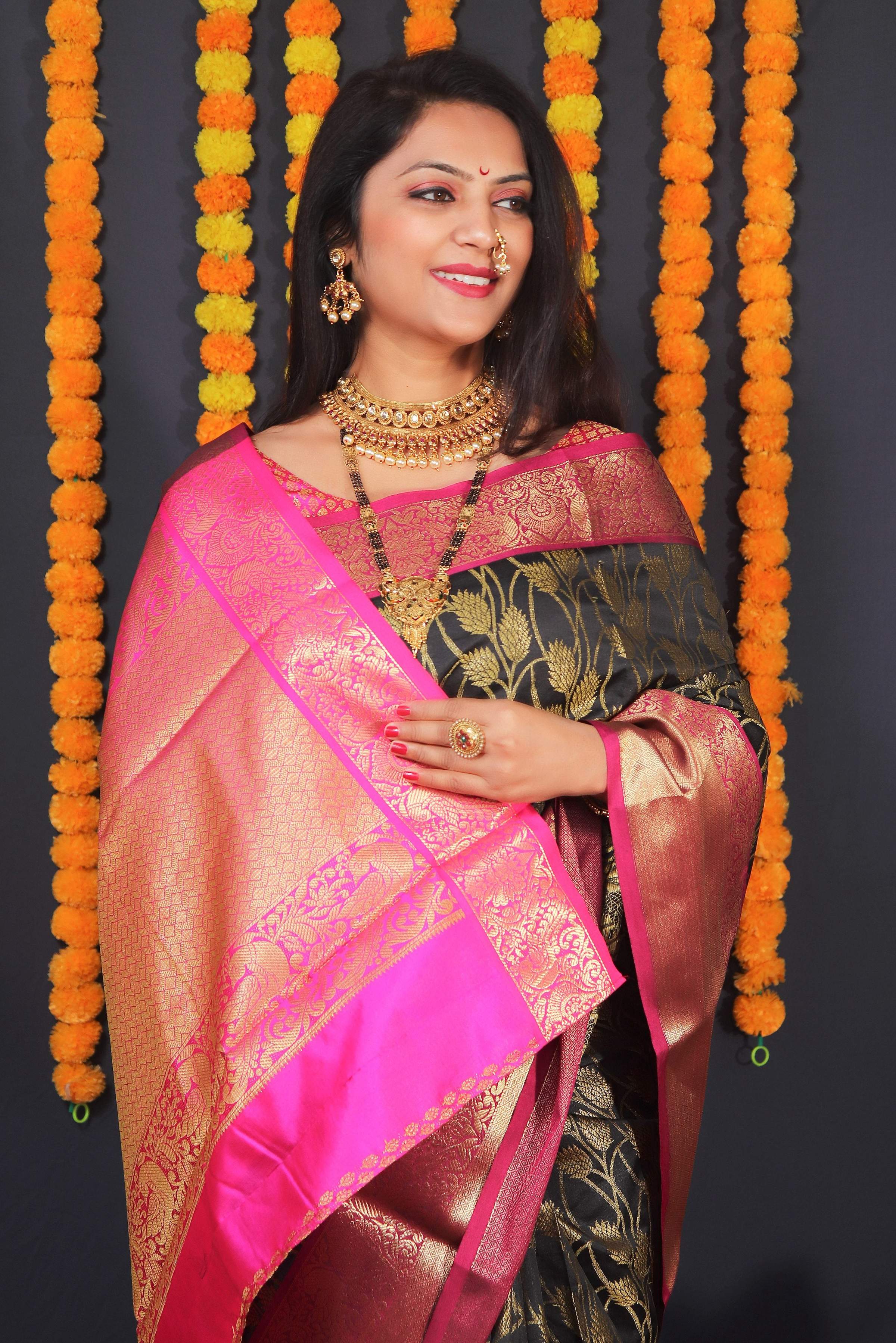 Jyoti Fashion Women's Black Kanchipuram Silk Zari Woven Saree with Blouse