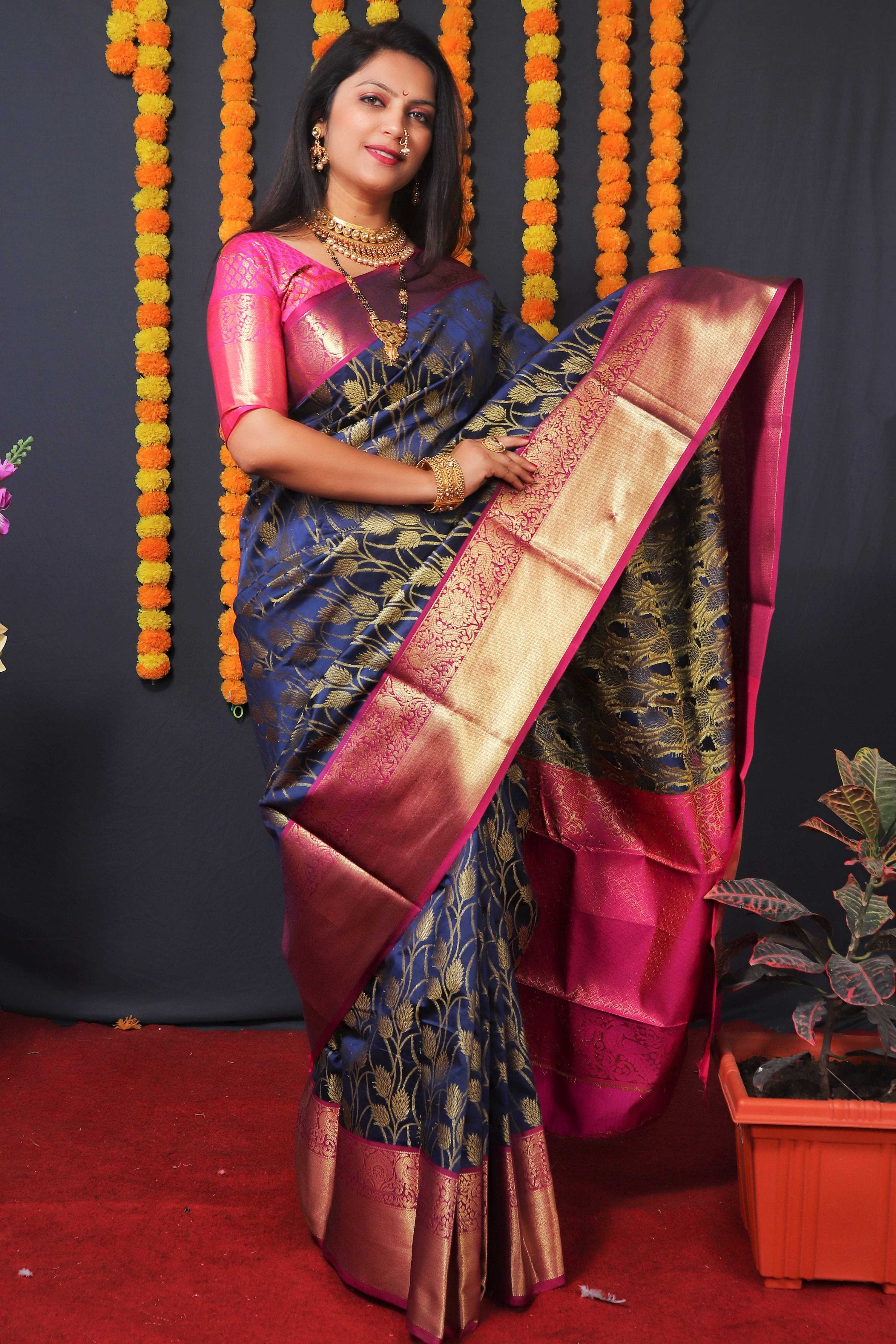 Jyoti Fashion Women's Navy Blue Kanchipuram Silk Zari Woven Saree with Blouse