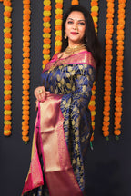 Jyoti Fashion Women's Navy Blue Kanchipuram Silk Zari Woven Saree with Blouse