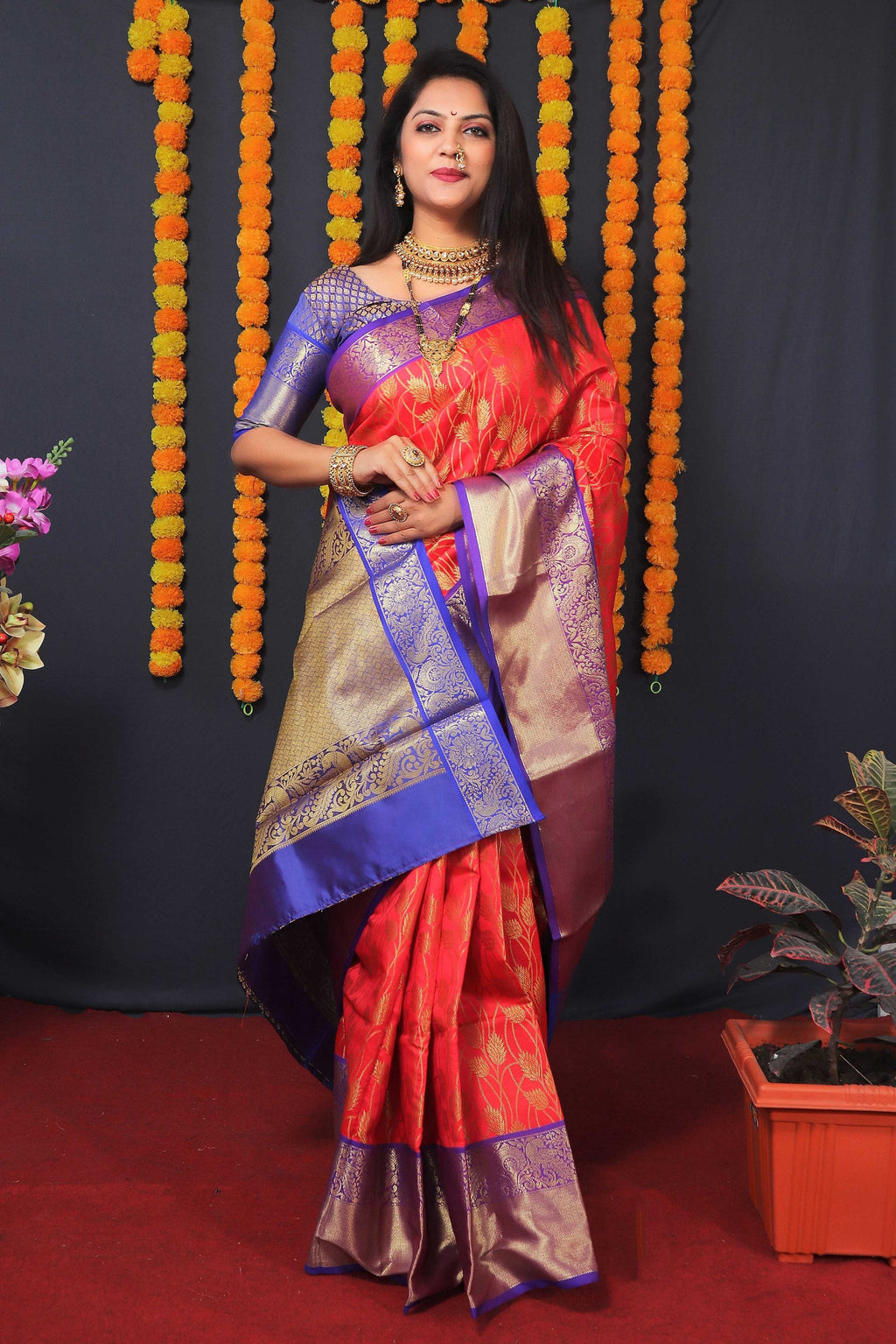 Jyoti Fashion Women's Red Kanchipuram Silk Zari Woven Saree with Blouse