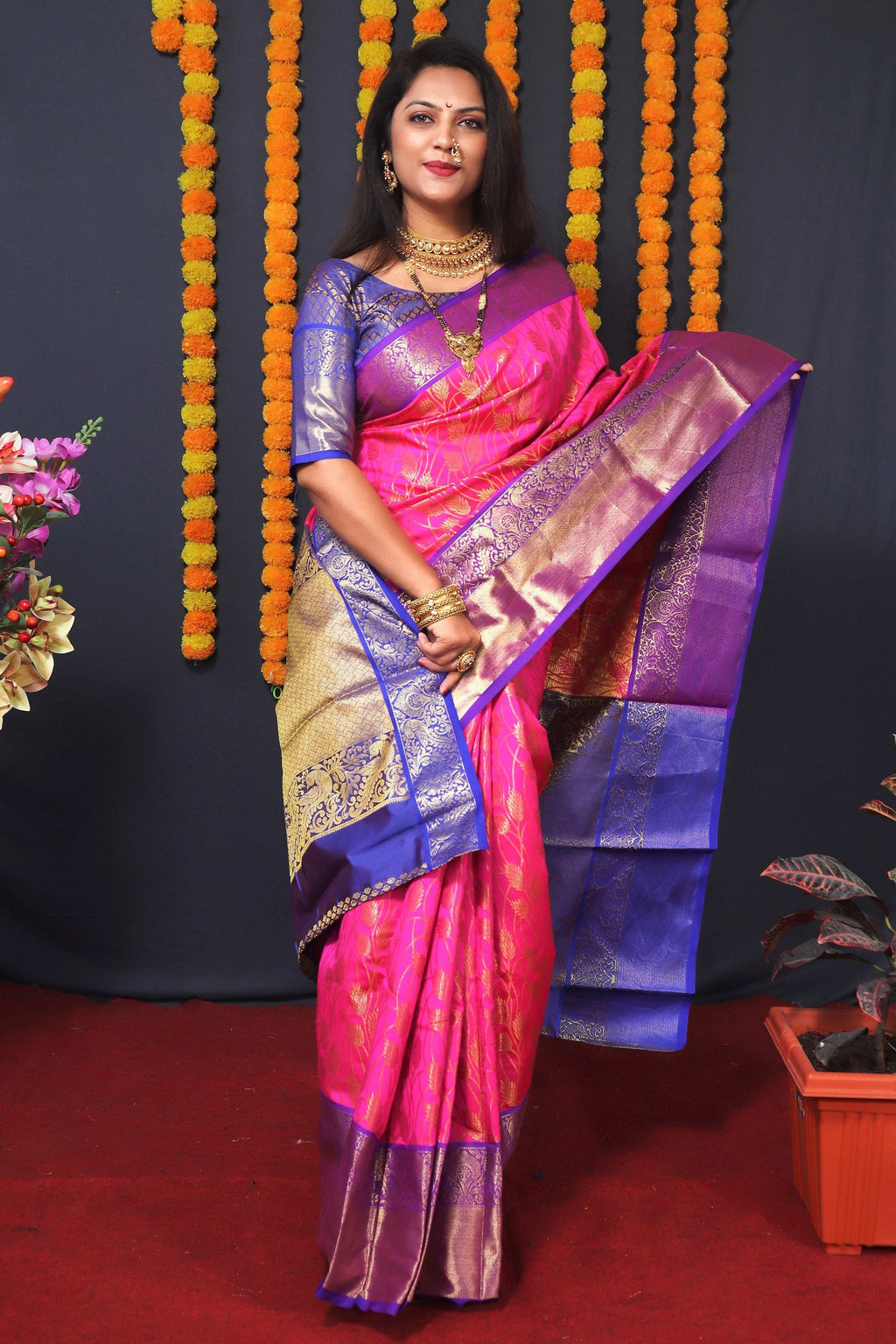 Jyoti Fashion Women's Pink Kanchipuram Silk Zari Woven Saree with Blouse