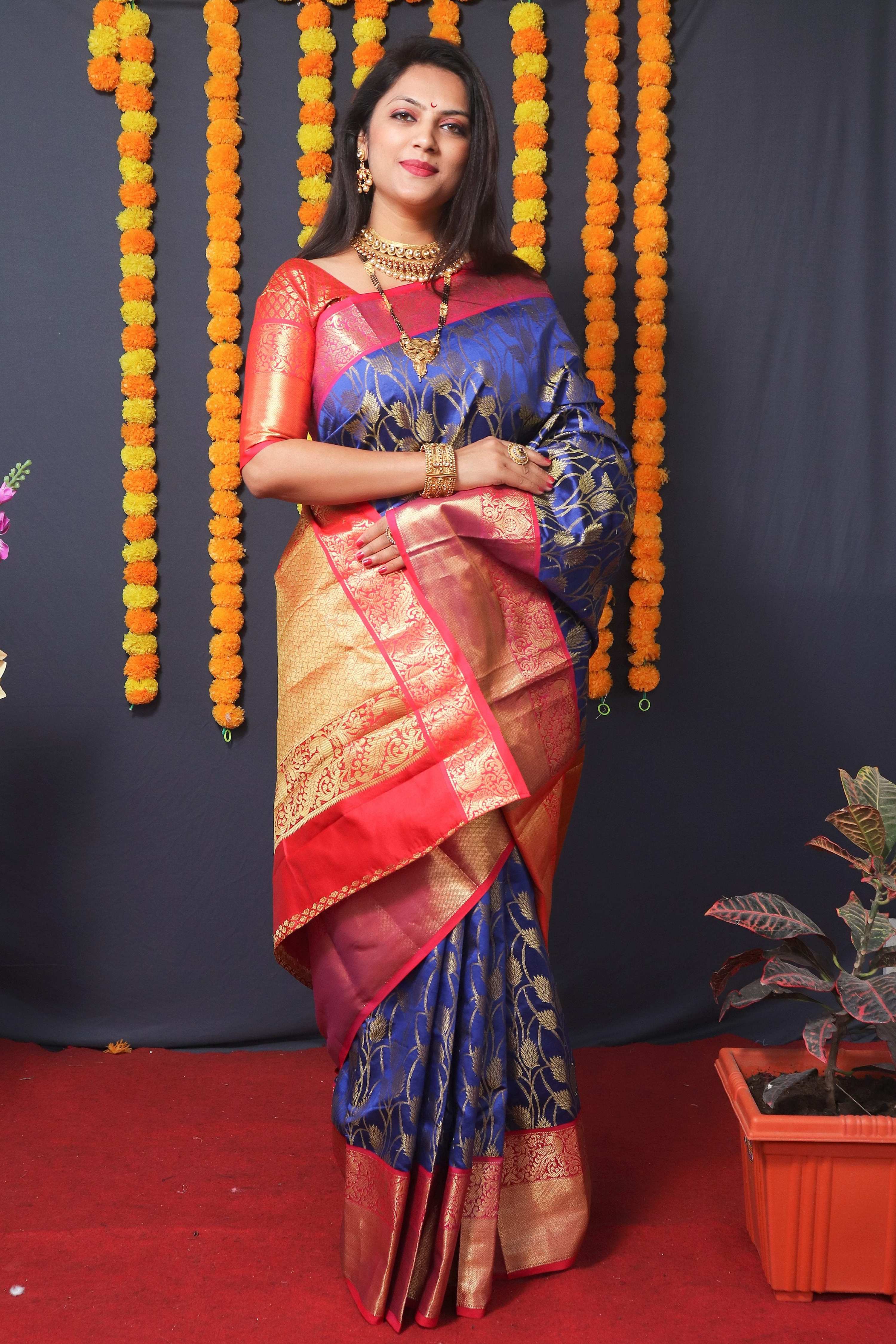 Jyoti Fashion Women's Blue Kanchipuram Silk Zari Woven Saree with Blouse