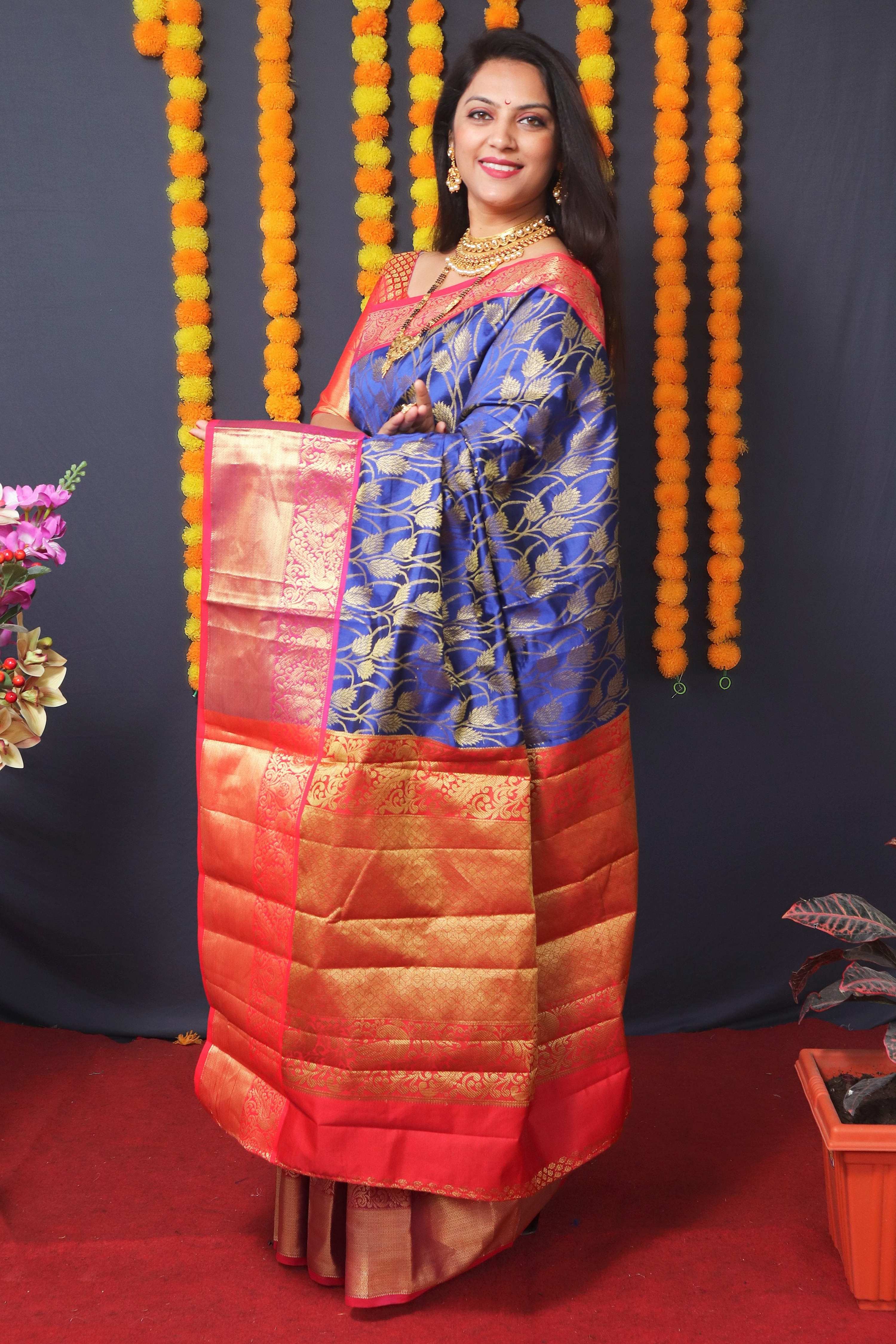 Jyoti Fashion Women's Blue Kanchipuram Silk Zari Woven Saree with Blouse