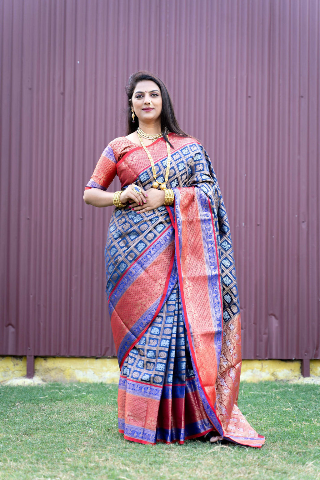 Jyoti Fashion Women's Blue Kanchipuram Silk Zari Woven Saree with Blouse