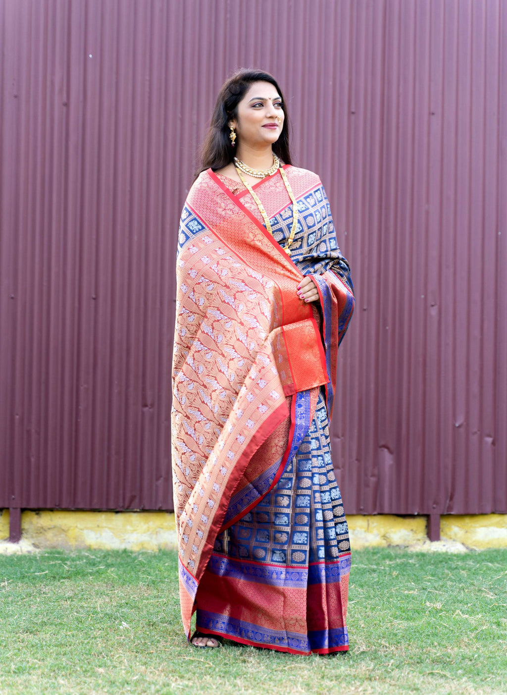 Jyoti Fashion Women's Blue Kanchipuram Silk Zari Woven Saree with Blouse