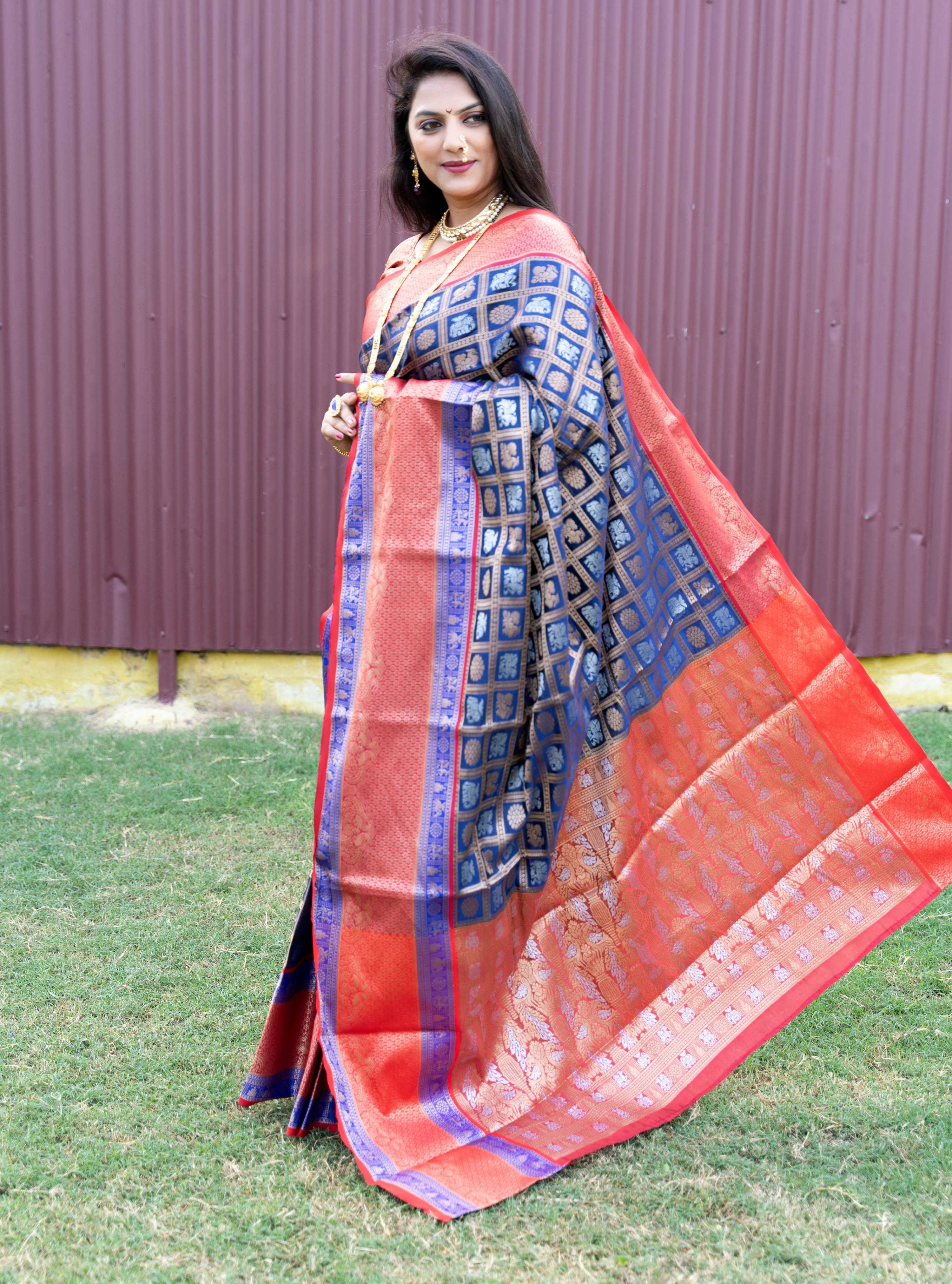 Jyoti Fashion Women's Blue Kanchipuram Silk Zari Woven Saree with Blouse