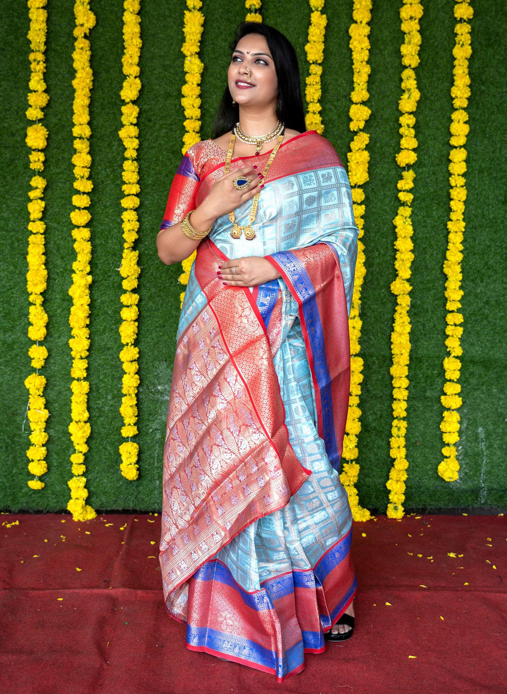 Jyoti Fashion Women's Sky Blue Kanchipuram Silk Zari Woven Saree with Blouse