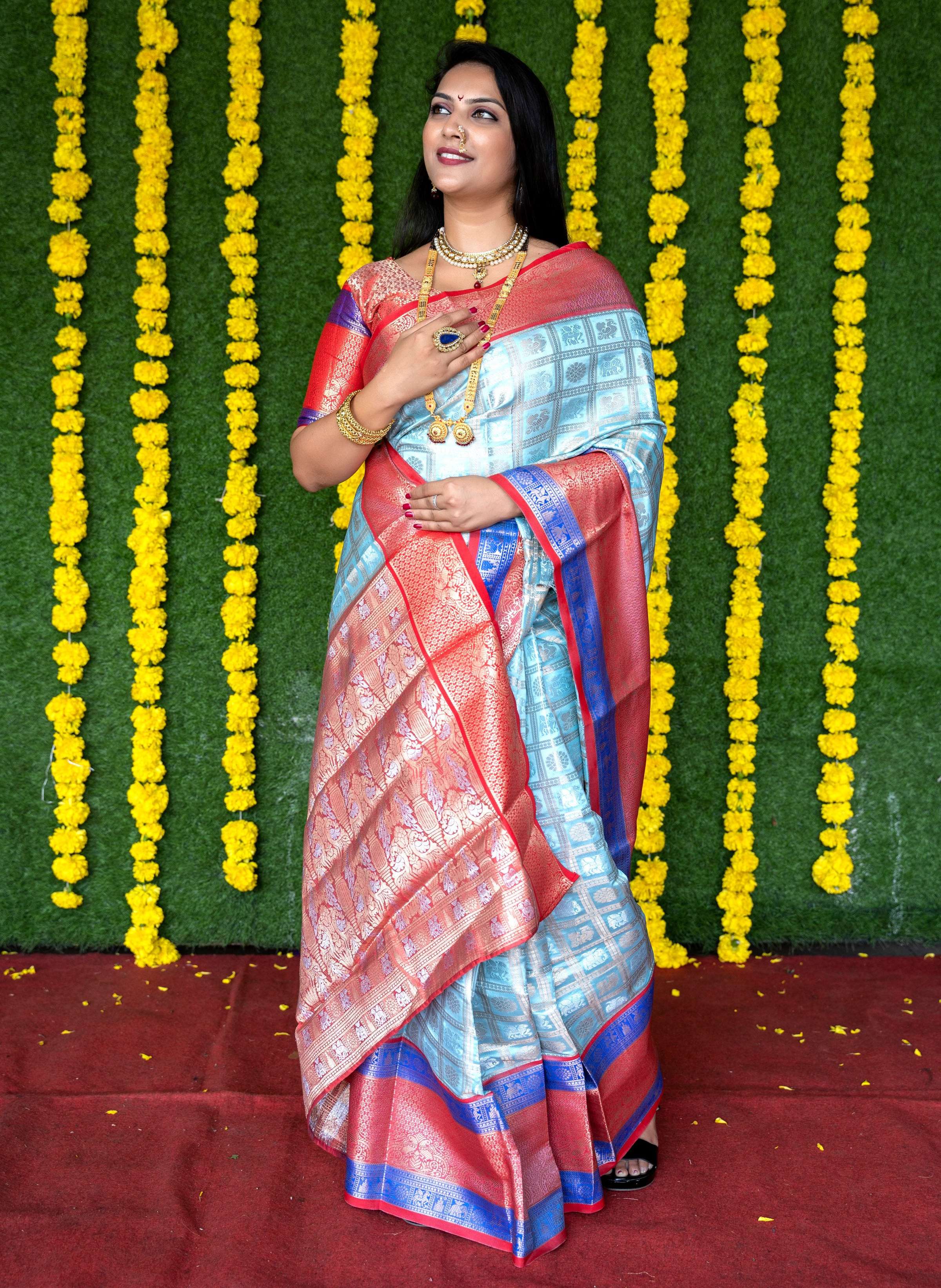Jyoti Fashion Women's Sky Blue Kanchipuram Silk Zari Woven Saree with Blouse