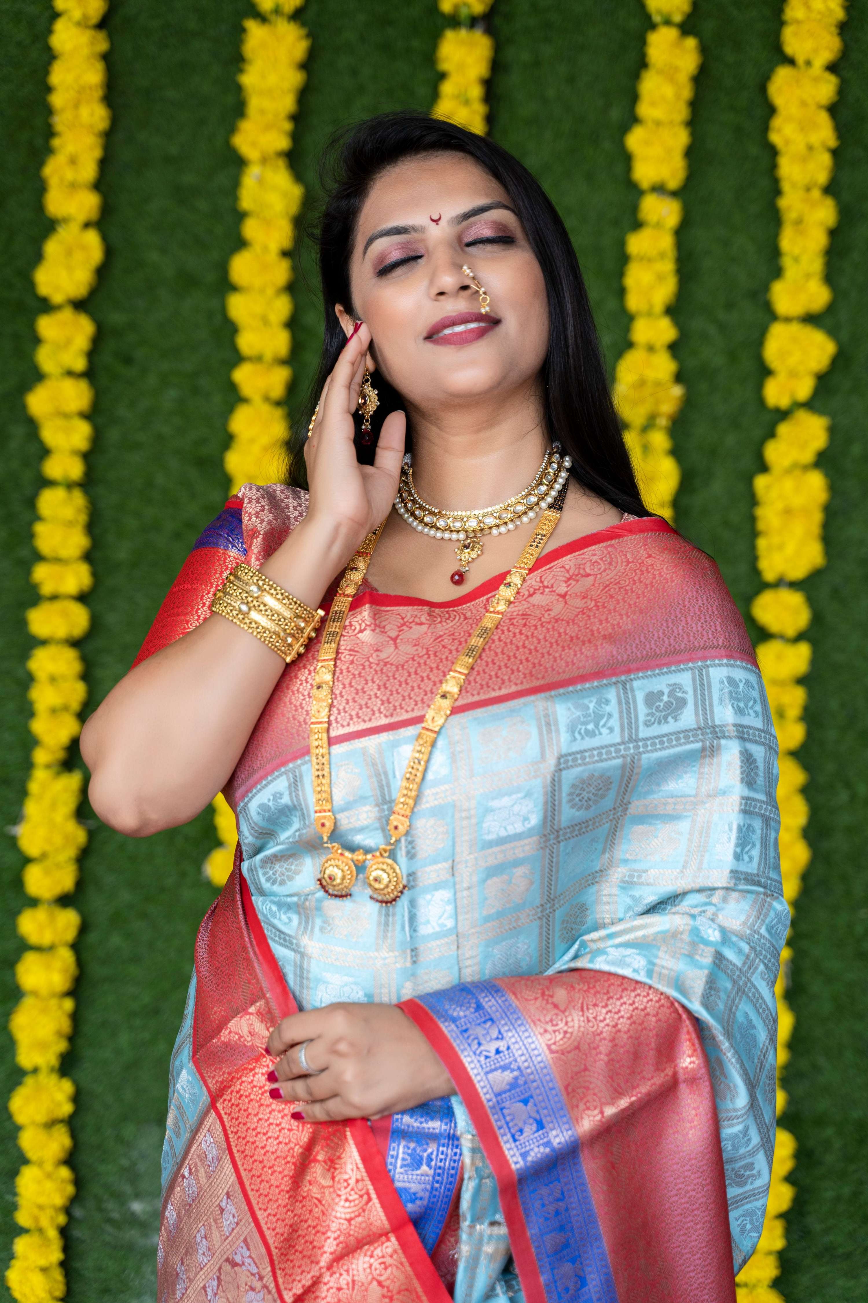 Jyoti Fashion Women's Sky Blue Kanchipuram Silk Zari Woven Saree with Blouse