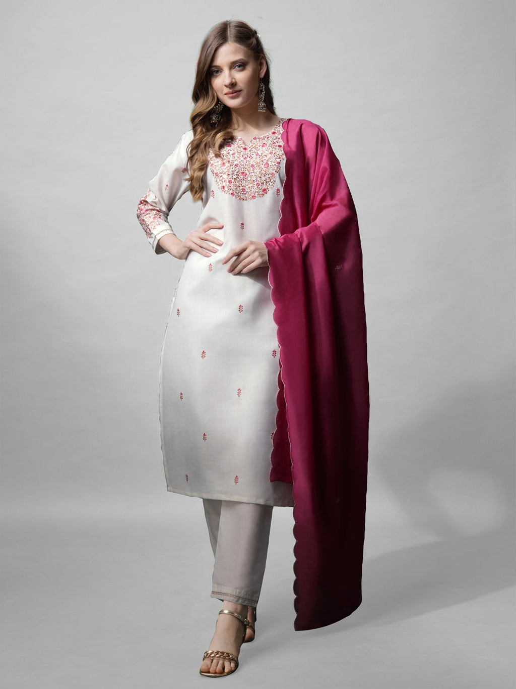 Jyoti Fashion Women's White Cotton Blend Embroidered Kurta Set