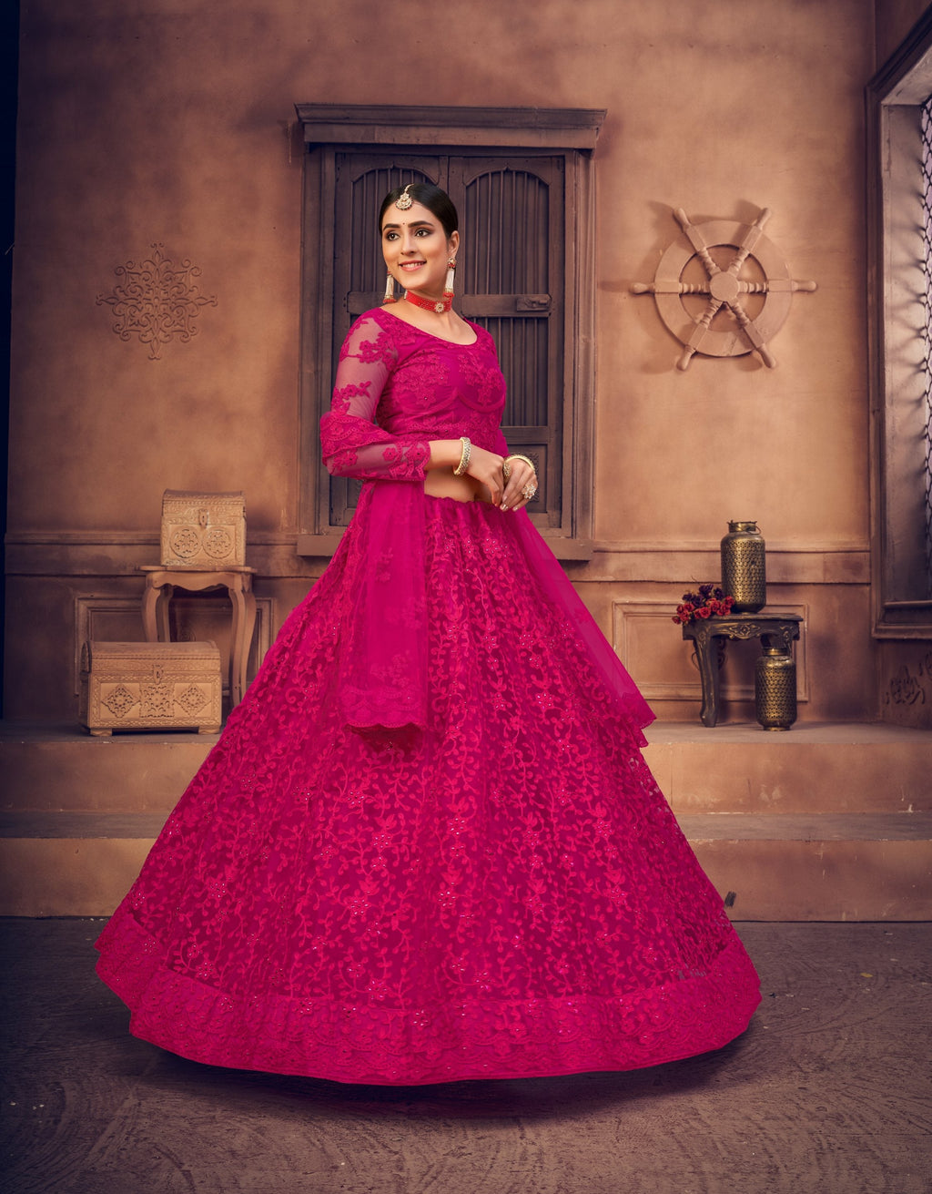 Jyoti Fashion Women's Rani Pink Net Thread Embroidered Designer Lehenga Choli Set