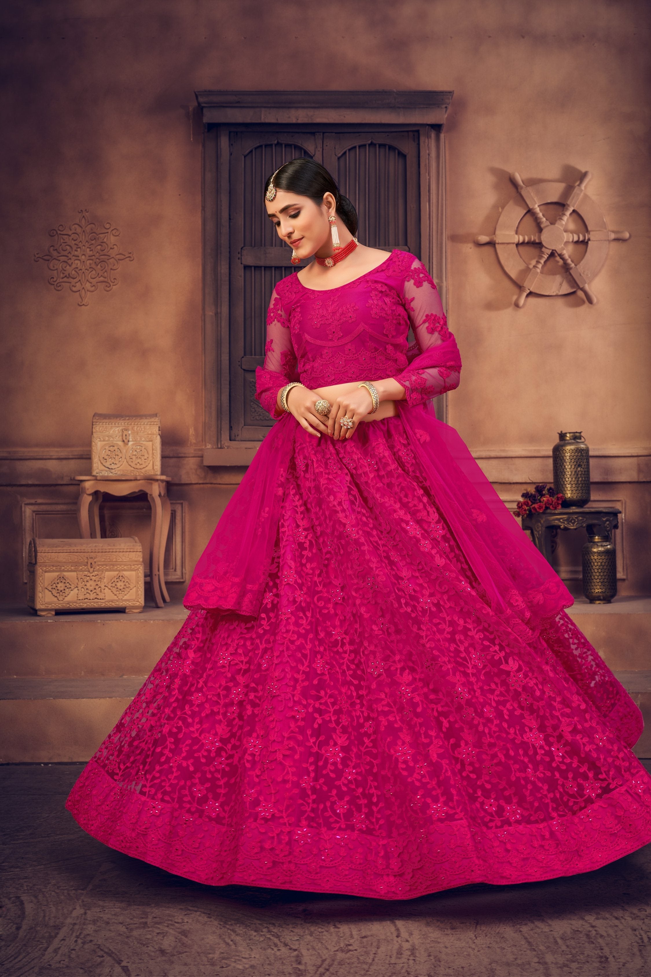 Jyoti Fashion Women's Rani Pink Net Thread Embroidered Designer Lehenga Choli Set