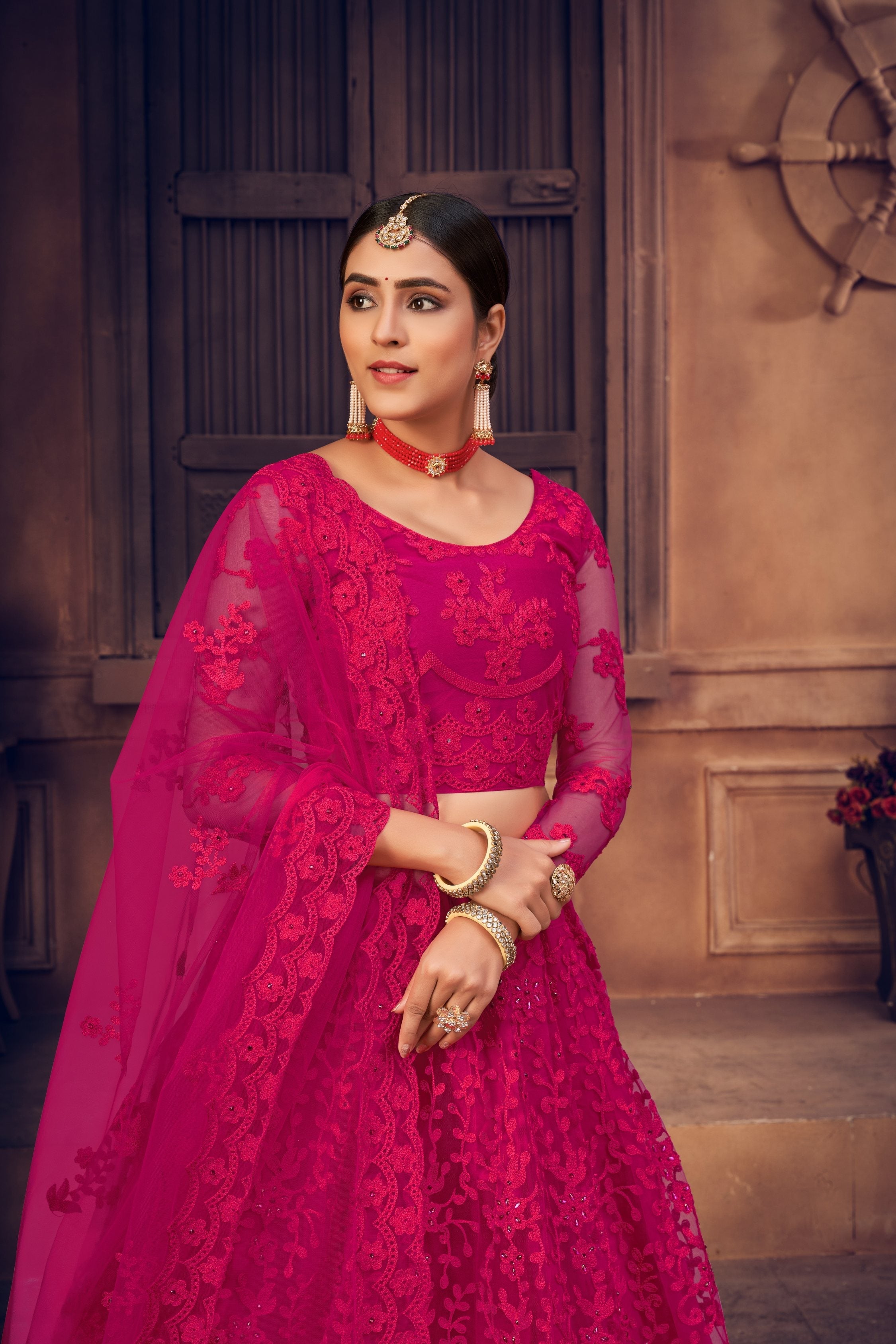Jyoti Fashion Women's Rani Pink Net Thread Embroidered Designer Lehenga Choli Set