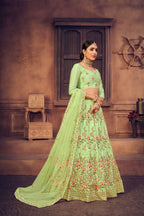 Jyoti Fashion Women's Pista Green Taffeta Silk Thread Embroidered Designer Lehenga Choli Set