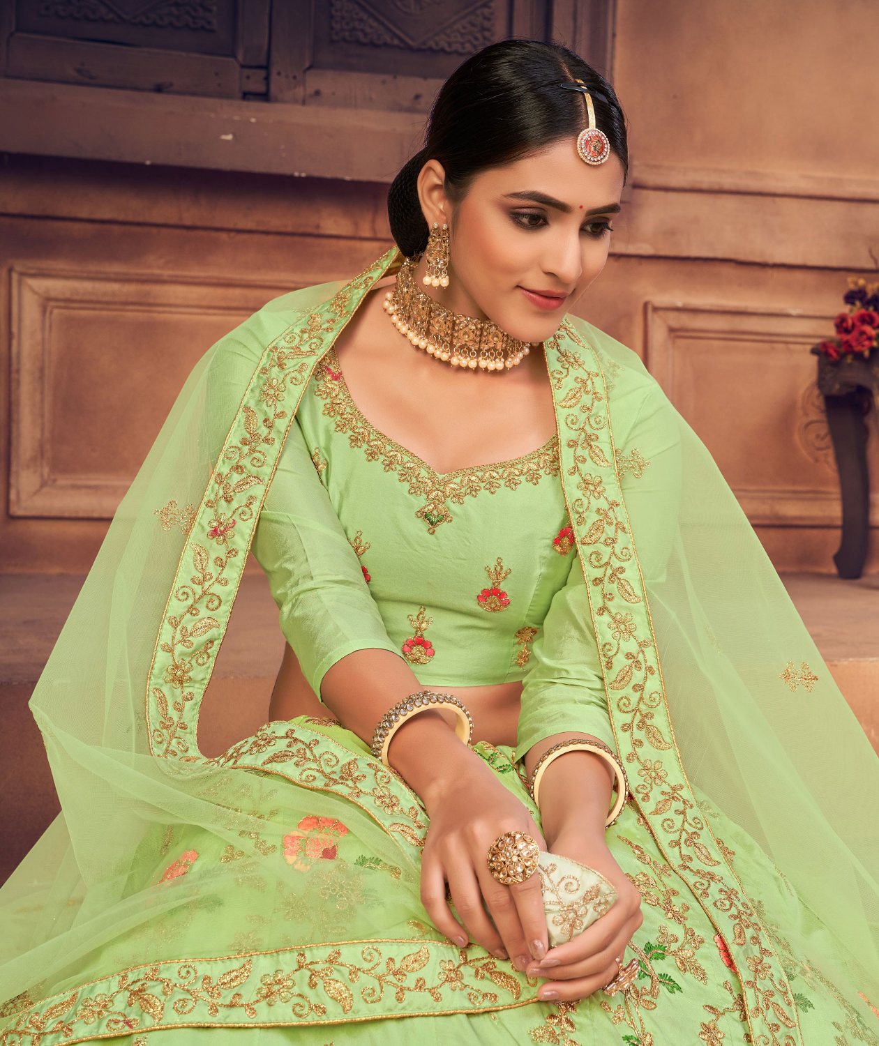 Jyoti Fashion Women's Pista Green Taffeta Silk Thread Embroidered Designer Lehenga Choli Set