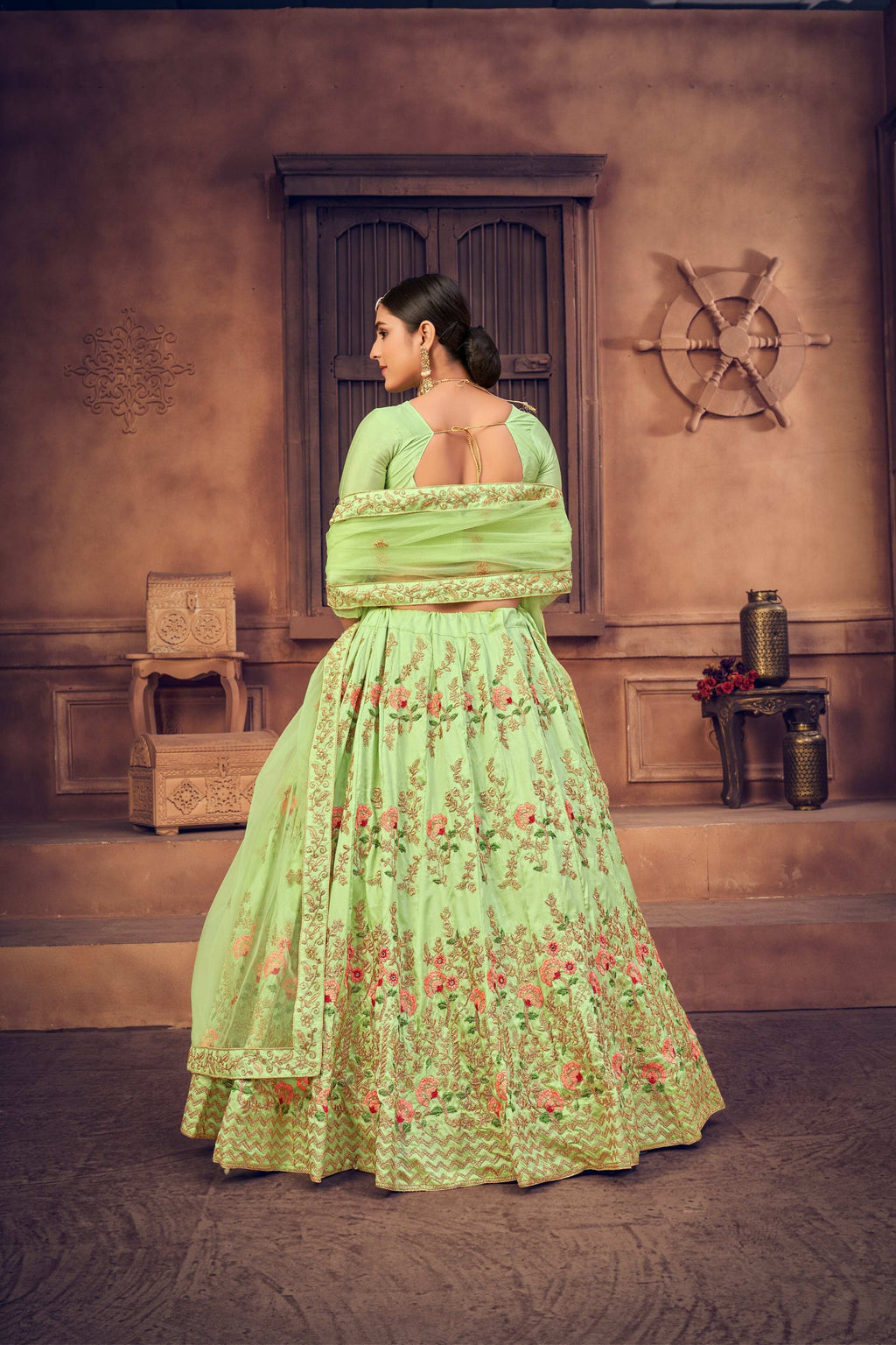 Jyoti Fashion Women's Pista Green Taffeta Silk Thread Embroidered Designer Lehenga Choli Set