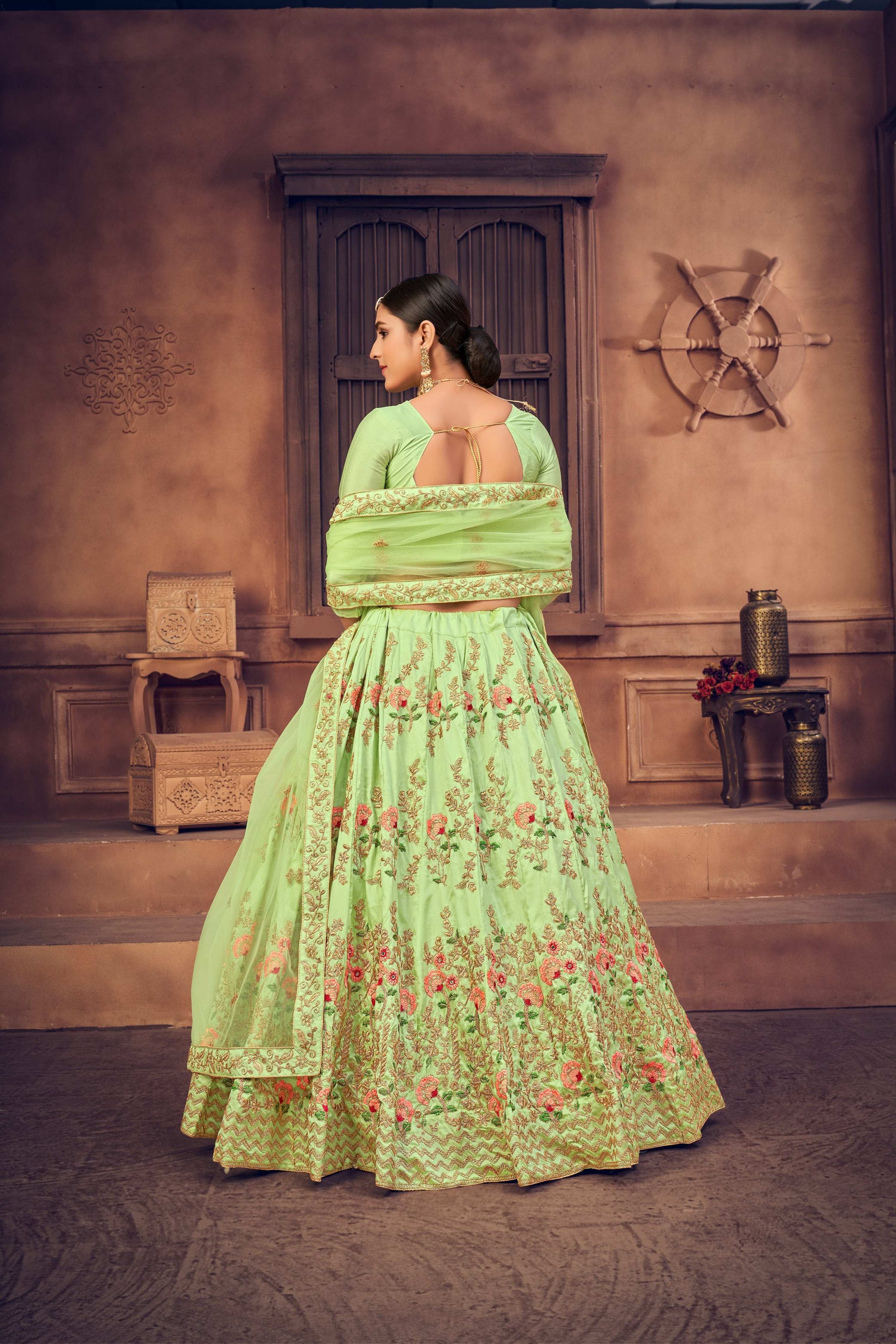 Jyoti Fashion Women's Pista Green Taffeta Silk Thread Embroidered Designer Lehenga Choli Set