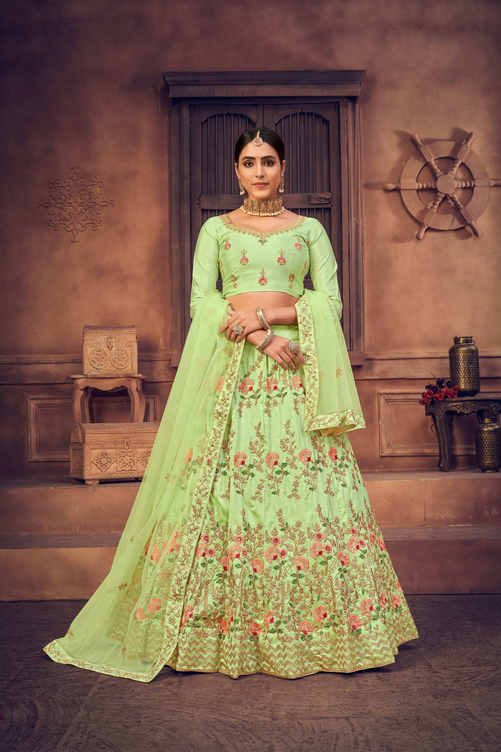Jyoti Fashion Women's Pista Green Taffeta Silk Thread Embroidered Designer Lehenga Choli Set