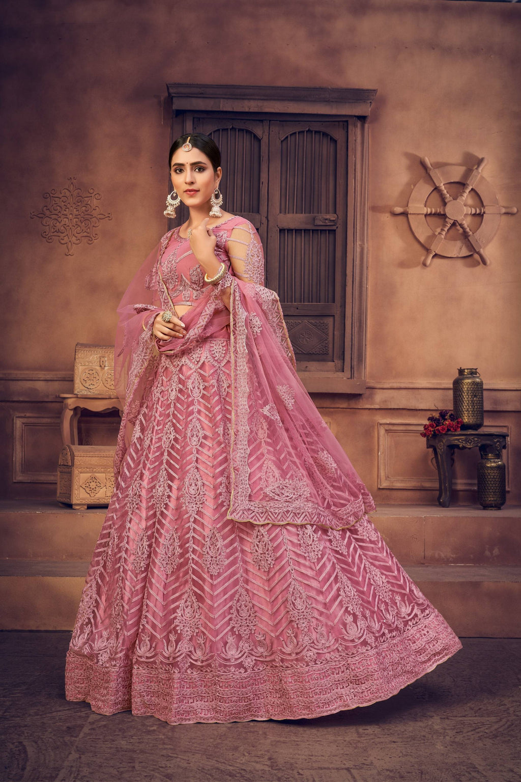 Jyoti Fashion Women's Dusty Pink Net Thread Embroidered Designer Lehenga Choli Set