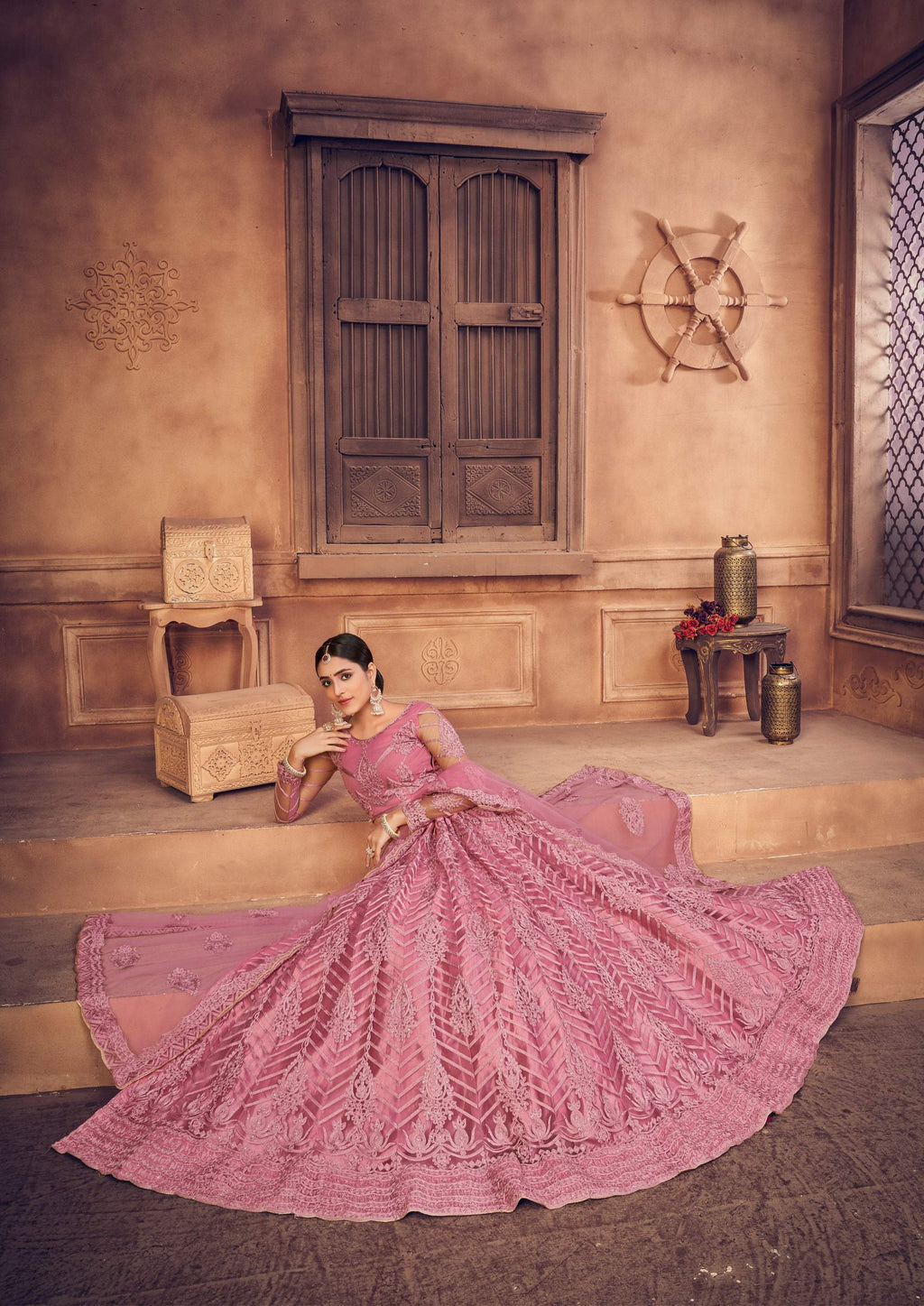 Jyoti Fashion Women's Dusty Pink Net Thread Embroidered Designer Lehenga Choli Set