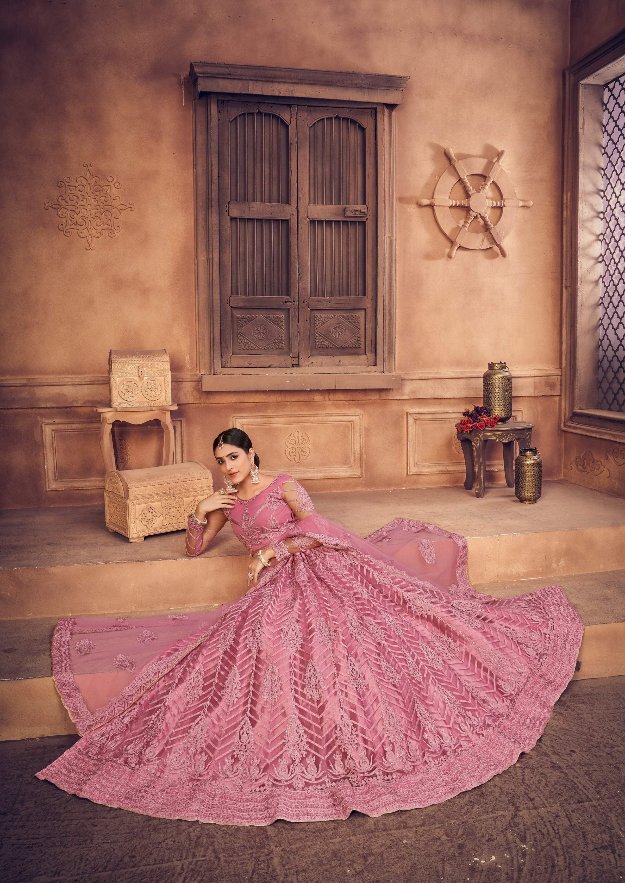 Jyoti Fashion Women's Dusty Pink Net Thread Embroidered Designer Lehenga Choli Set