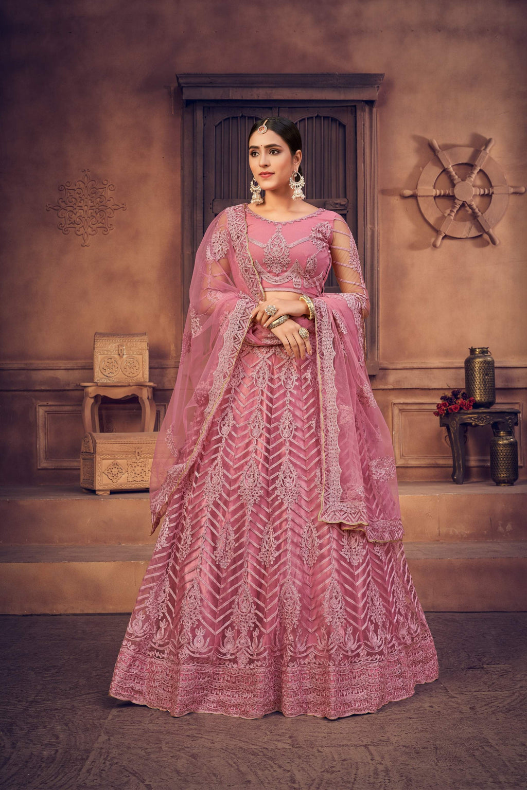 Jyoti Fashion Women's Dusty Pink Net Thread Embroidered Designer Lehenga Choli Set