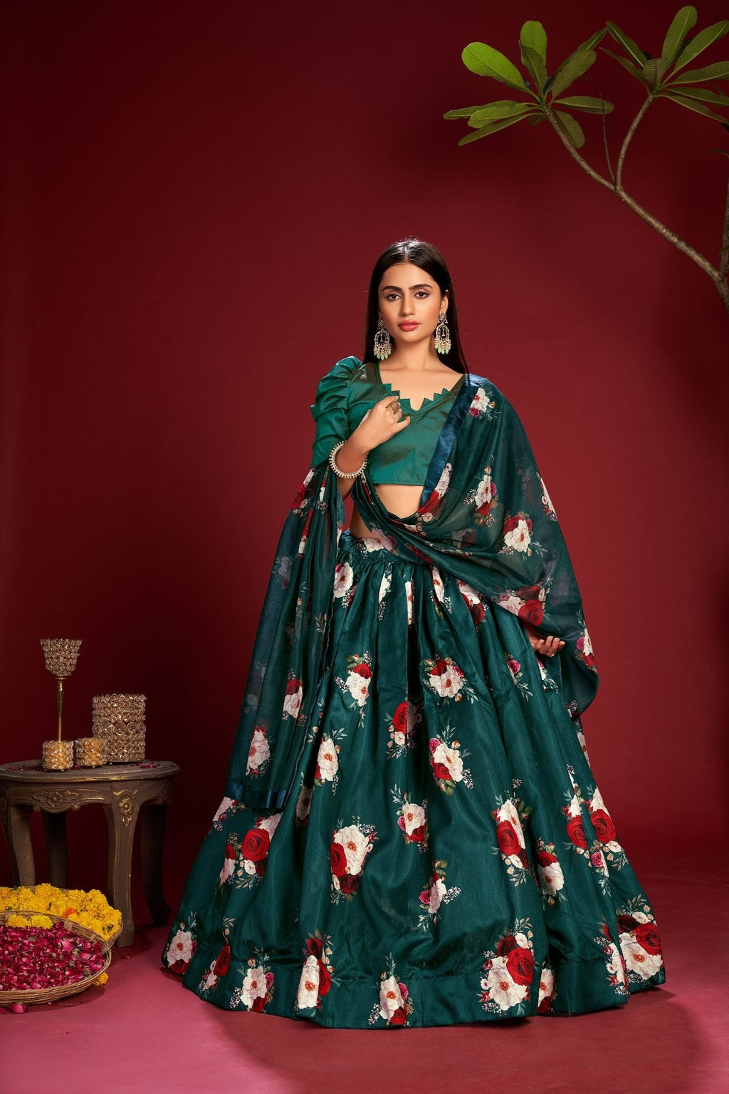 Jyoti Fashion Women's Teal Banglory Silk Floral Printed Designer Lehenga Choli Set