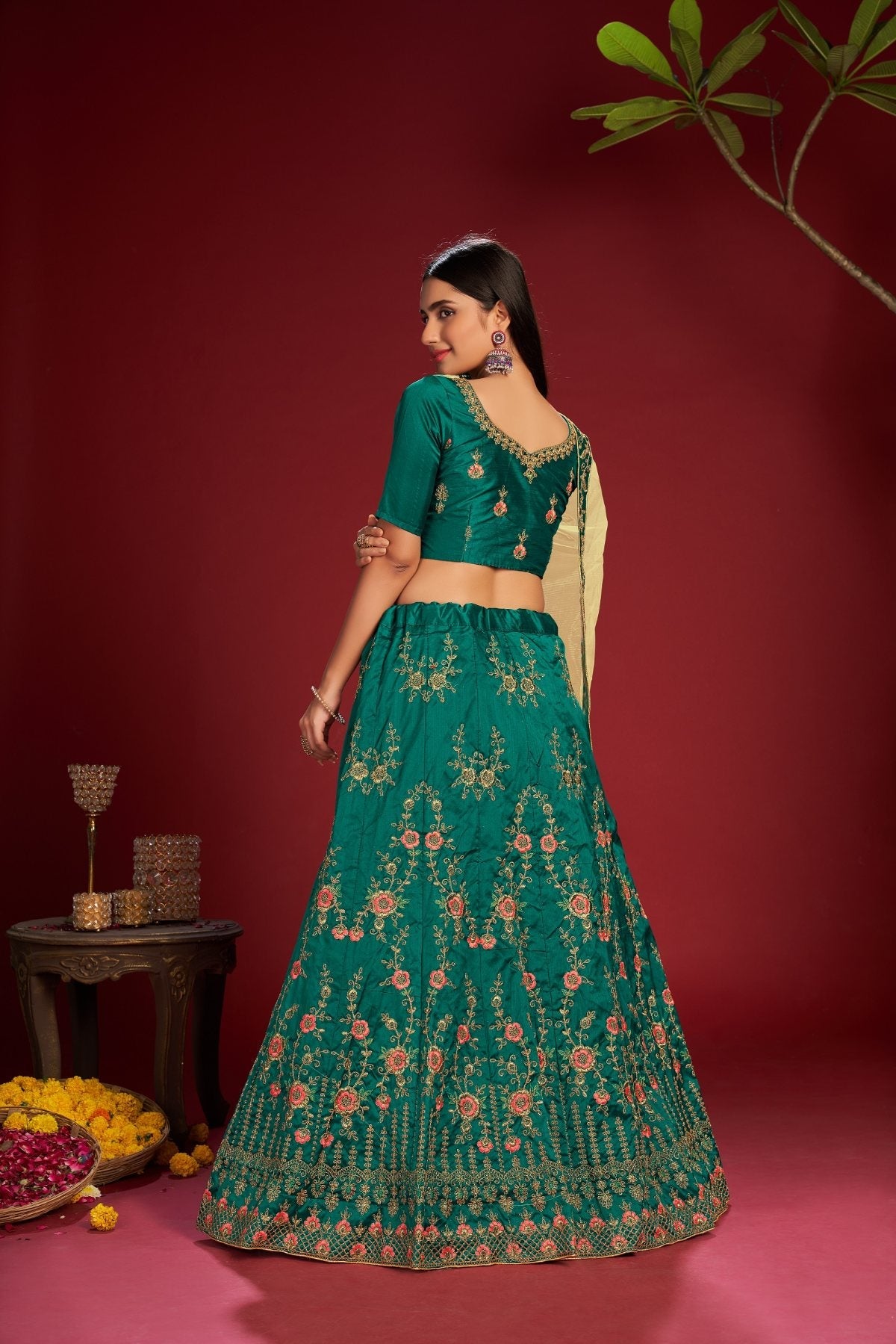 Jyoti Fashion Women's Dark Green Taffeta Silk Thread Embroidered Designer Lehenga Choli Set