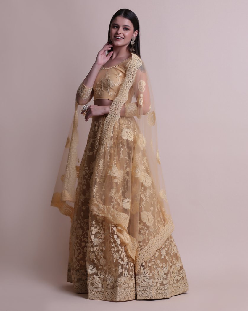 Jyoti Fashion Women's Cream Net Thread Embroidered Designer Lehenga Choli Set